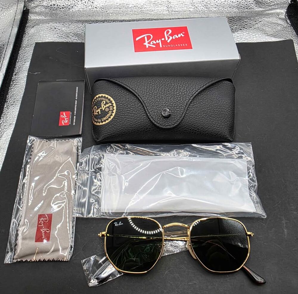 Ray-Ban RB3548 Hexagonal Sunglasses Gold Frame Green Lens 51mm Italy w/ Case